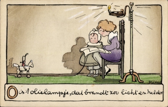 Artist Postcard Children sitting under an oil lamp, toys