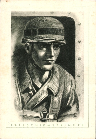 Künstler Ak Richter, Der Deutsche Soldat, Wehrmacht, Luftwaffe, Fallschirmspringer vor dem Absprung