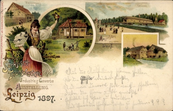 lito Lipsk, Saksonia. Turyngia. Wystawa przemysłowo-handlowa 1897, strój ludowy, most, gospodarstwo rolne