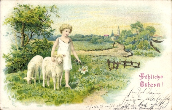 Glitter Chromo-Litho Happy Easter, Lambs