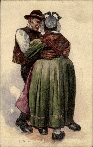 Artist Postcard Reiss, Fritz, man and woman dancing, Black Forest traditional costumes