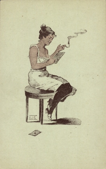 Artist Postcard Smoking woman in underwear reading a letter