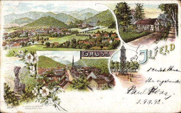 Litho Ilfeld am Harz Thüringen, Panorama, Teilansichten, Aussichtsturm