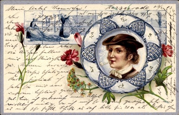 Embossed Chromo-Litho Woman Smoking Pipe, Carnations