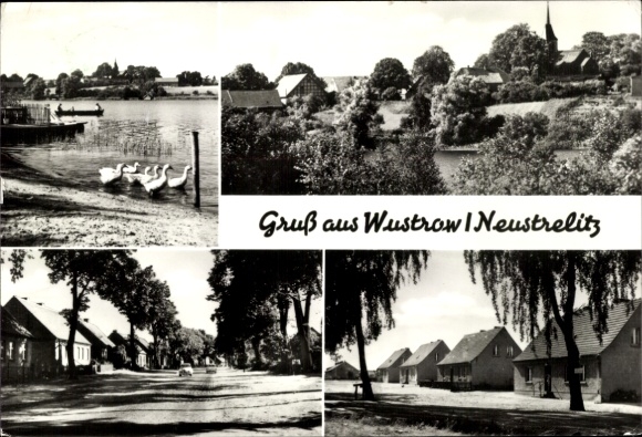 Ak Wustrow Mecklenburg Lake District, diverse uitzichten, eenden, kerktoren, landschap, ...