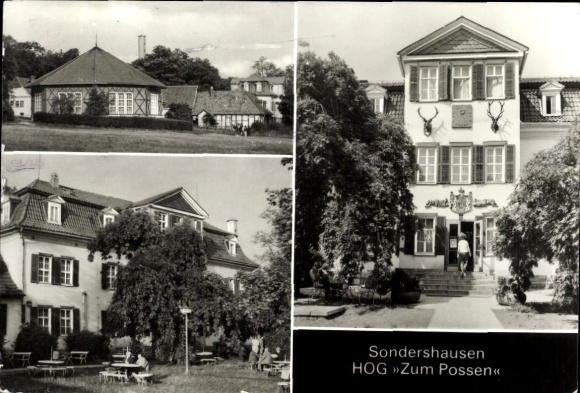 Postcard Sondershausen in the Kyffhäuserkreis Thuringia, three buildings, HOG 'Zum Possen', landscape, trees