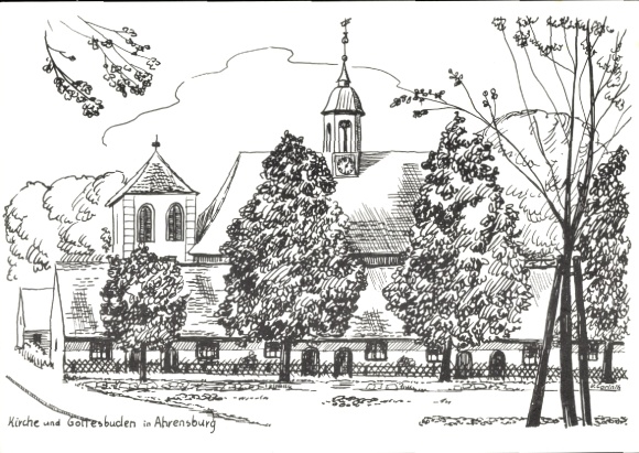 Künstler Ak Ahrensburg im Kreis Stormarn, Kirche und Gottesbuden 