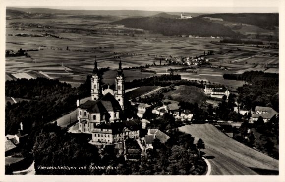 Postcard Vierzehnheiligen Bad Staffelstein am Main Upper Franconia, aerial photograph, with Banz Castle