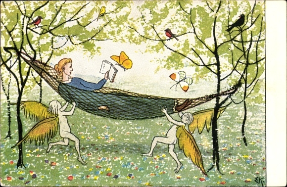 Artist PC Kreidolf, Ernst, in the hammock, angels, butterflies