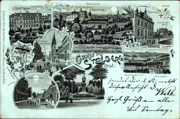 Moonlight litho Stolberg in the Rhineland, hospital, Rolandshaus, Rathausstrasse, post office, church