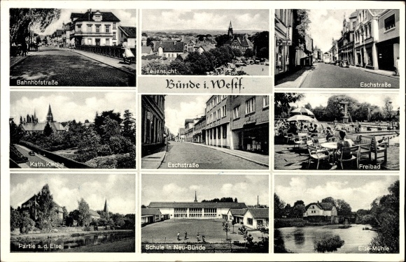 Ak Bünde in Westfalen, Bahnhofstraße, Eschstraße, Kirche, Freibad, Else, Schule