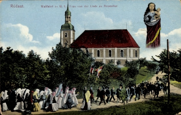 Ak Ak Rosenthal Oberlausitz, bedevaart naar UL Frau von der Linde, wonderbaarlijk beeld, kerk