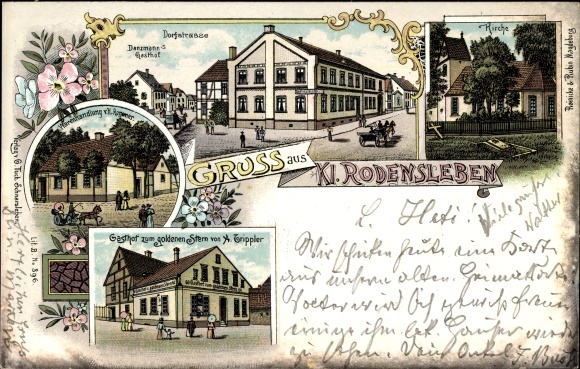 Chromo-Litho Klein Rodensleben Wanzleben, Danzmann&#39;s Gasthof, Gasthof z. gold. Stern, owner Trippler, church