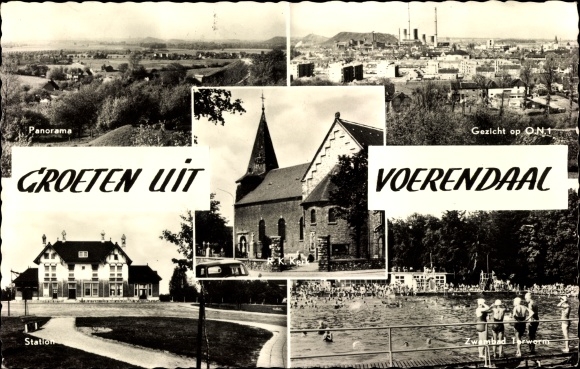 Postcard Voerendaal Limburg, Panorama, Station, Swimming Pool, RC Church