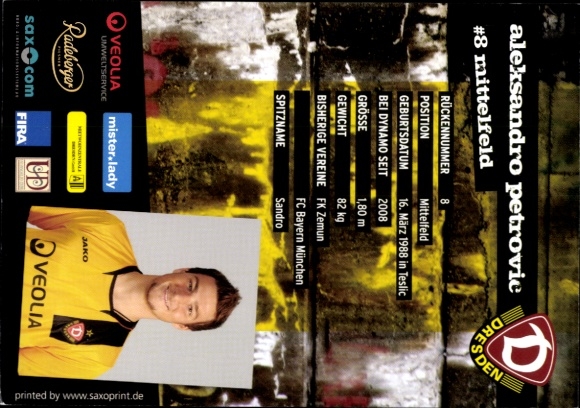 Autograph card footballer Aleksandro Petrovic, SG Dynamo Dresden, autograph