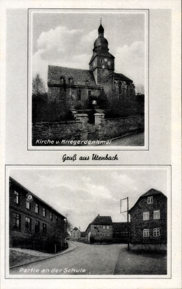Postcard Utenbach Apolda in Thuringia, church, war memorial, school
