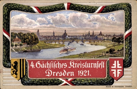 Coat of arms artist Postcard Dresden, 4th Saxon District Gymnastics Festival 1921, city view from the Waldschlösschen