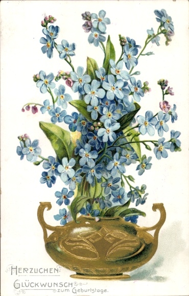 Postcard Happy Birthday, Forget-me-not, Flower Vase