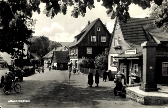 Postcard Altenbrak Thale in the Harz, street section with spa administration