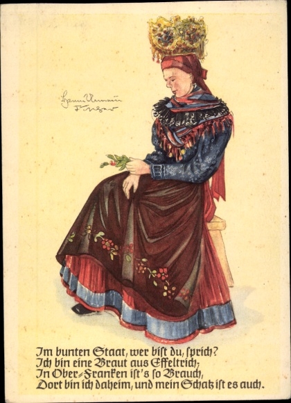 Artist Postcard Fischer, HU, In the colorful state, who are you, say, I am a bride from Effeltrich