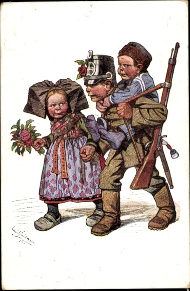 Artist PC Beithan, Emil, soldier, Alsatian woman in winged hood, child, rifle