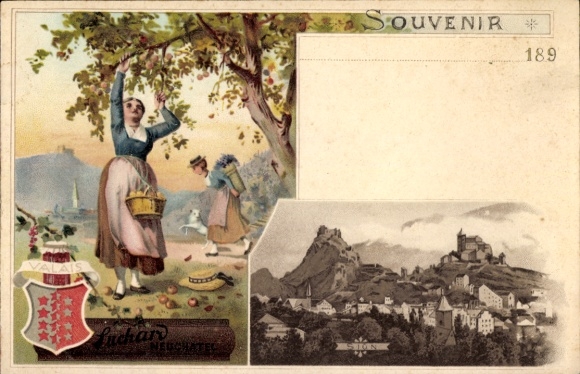 Litho Sion Kanton Wallis, Werbung Suchard, Wappen, Frau beim Pflücken