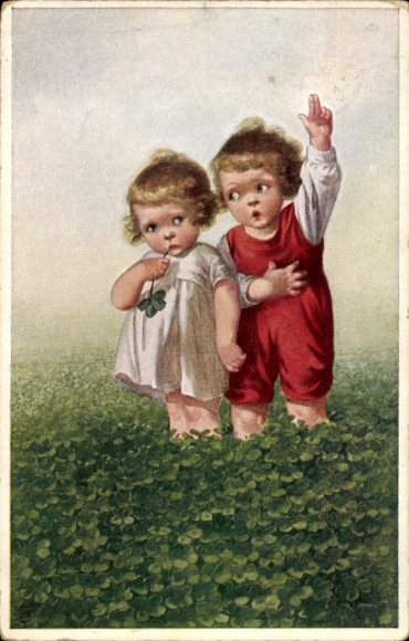 Artist Postcard Fialkowska, Children on the Lucky Clover Meadow, Eid