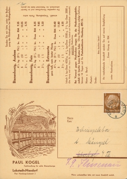 Klapp Postcard Hamburg Eimsbüttel Lokstedt Niendorf, specialist shop for real bee honey Paul Kogel