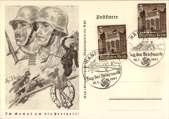 Postal stationery artist Postcard v. Axster Heudtlaß, W., In the fight for freedom, Wehrmacht, hand grenade