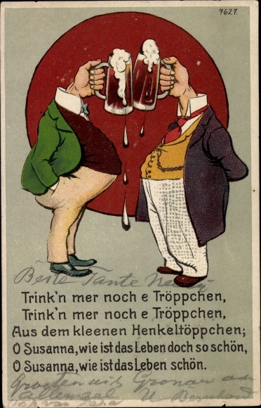 Postcard Drink&#39;n mer noch e droplets, men, hands with beer mugs for heads, BB&amp;OL 7627