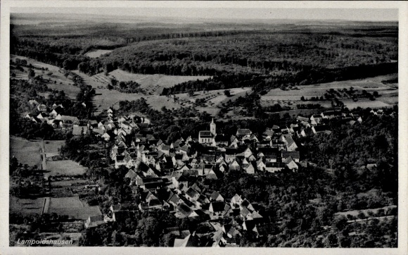 Ak Lampoldshausen Hardthausen am Kocher, Luftbild, Dorfansicht, dichte Baum- und Wiesenlandschaft