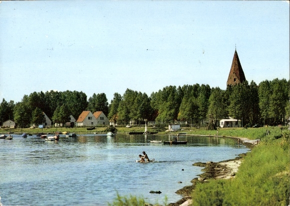Postcard Ostseebad Rerik, view over the lagoon, church, landscape, water, boats, bathers