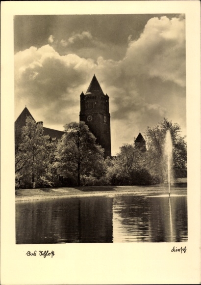 Ak Poznań Posen, Schöne Architektur, Gewässer, Bäume, Wolken, Schwarz-Weiß Fotografie