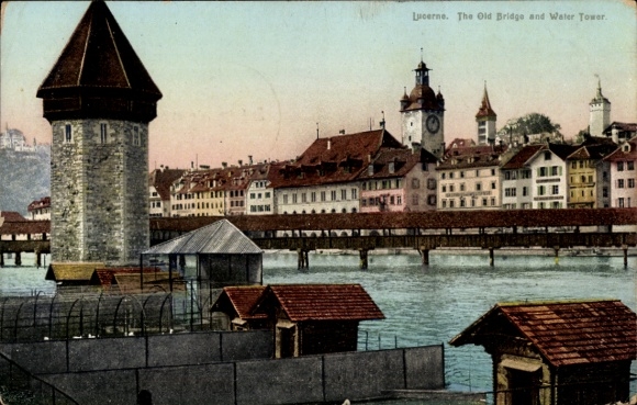 Postcard Lucerne City Switzerland, Old Bridge, Water Tower