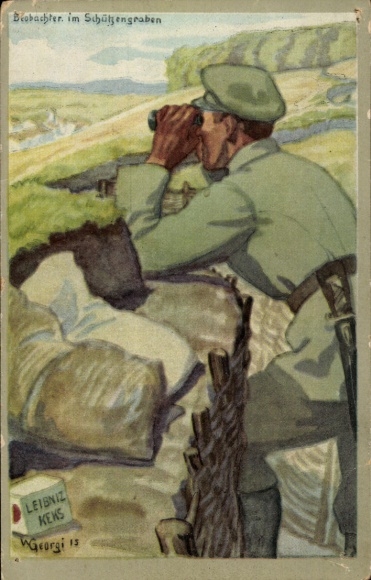 Artist Postcard Georgi, W., Observer in the trench, advertising, Leibniz biscuit