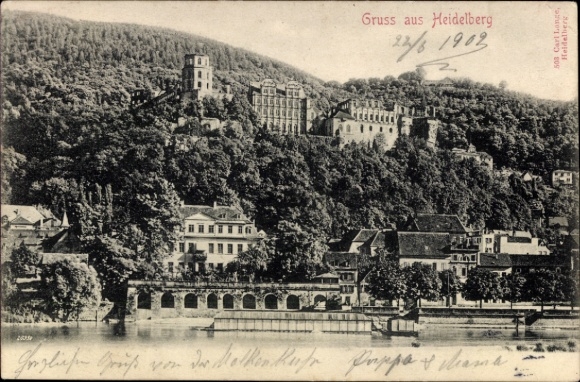PC Heidelberg am Neckar, Heidelberg Castle, Neckar, trees, houses, postmark, 1902