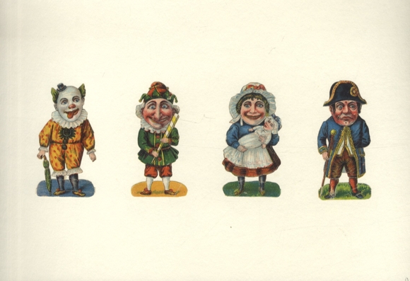 4 wafle, klaun, kukiełka, kobieta z lalką, żołnierz, każdy o wymiarach ok. 8 x 4,5 cm