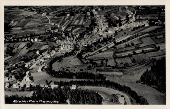 Postcard Albrechts Suhl in Thuringia, aerial photograph of Albrechts, Thuringian Forest, countryside and village view
