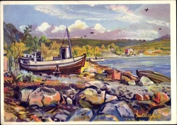 Artist PC Vollbehr, Ernst, air base at Langfjord, pioneer assault boat, fishing boat, WW II