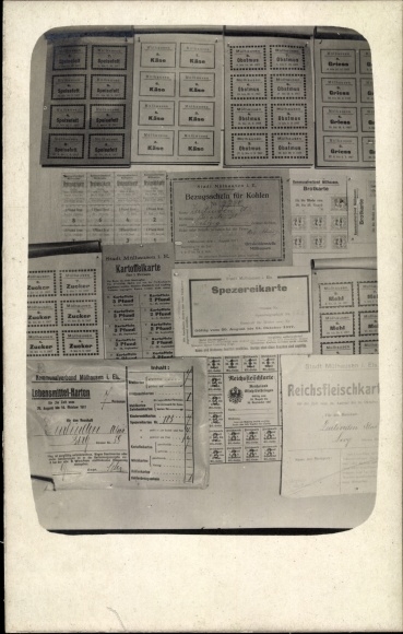 Photo Postcard food stamps, Reichsfleischkarte, Spezereikarte, potato card