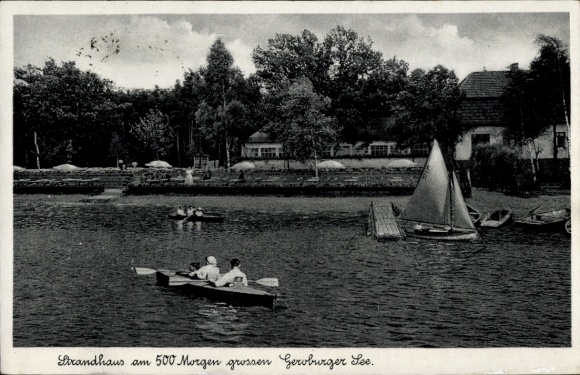 Postcard Geroburg Byhleguhre Byhlen in the Spreewald, beach house on Lake Geroburg