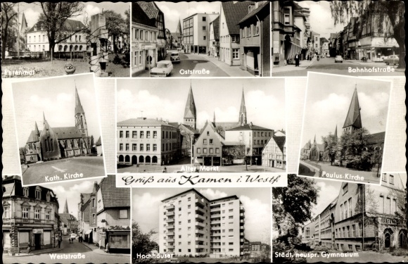 Postcard Kamen in Westphalia, Catholic Church, Paulus Church, skyscrapers, Alter Markt, memorial