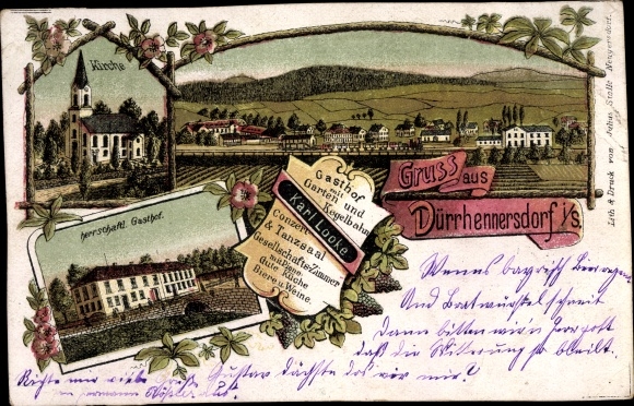 Litho Dürrhennersdorf in Oberlausitz, statige herberg, eigenaar Karl Looke, kerk