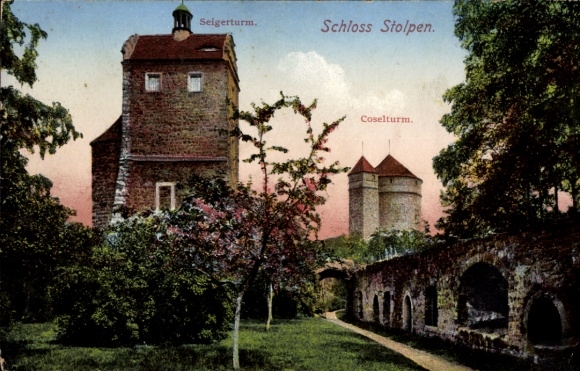 Postcard Stolpen in Saxony, Seigerturm, Coselturm Castle, picturesque landscape