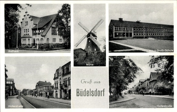 Ak Büdelsdorf in Schleswig Holstein, Rathaus, Mühle, Klaus-Groth-Schule, Hollerstraße, Gruß aus B