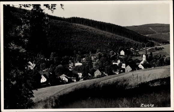 foto Ak Zwota Klingenthal in het Vogtland, uitzicht vanaf de berg naar het dorp