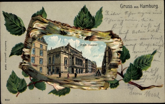 Embossed Birch Wood Chromo-Litho Hamburg Mitte Altstadt, Stadttheater, Street View