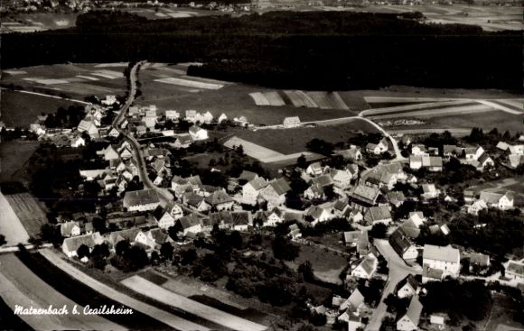 Postcard Matzenbach Fichtenau in Württemberg, aerial view of Matzenbach, many houses, fields, rural