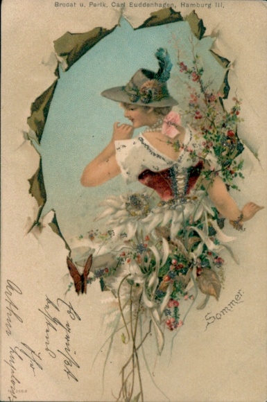 Glitter Passepartout Postcard Summer, woman in traditional costume, back view