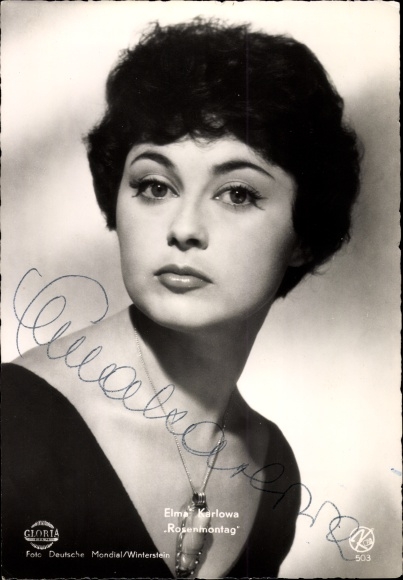 Postcard actress Elma Karlowa, portrait, Shrove Monday, Gloria, autograph